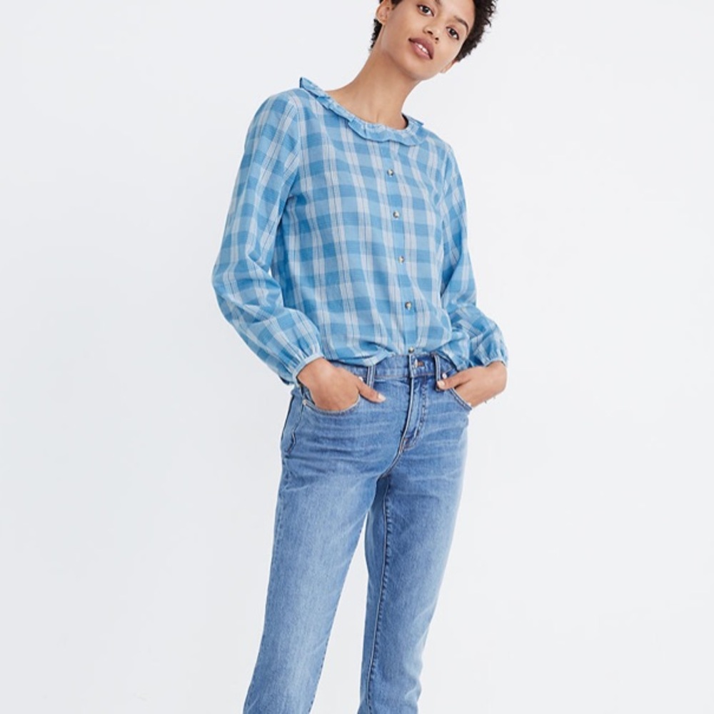 NWT Madewell Blue Plaid Ruffle Collar Blouse